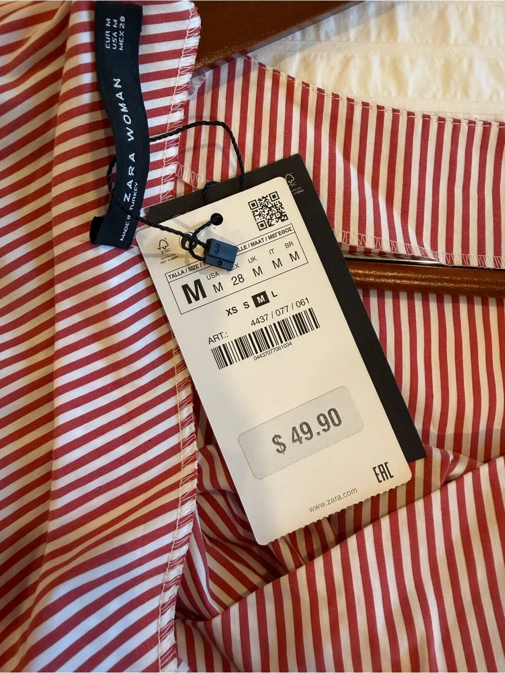 Zara Red and White Striped Wrap Blouse with Voluminous Puff Sleeves